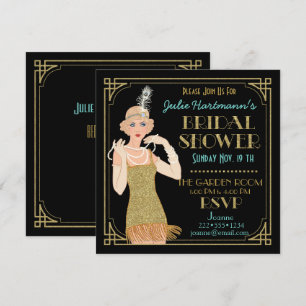 Invitación Flapper de los felices años 20 dorado brillo negro