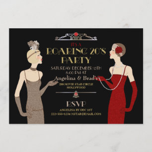 Invitación Flapper de los locos años 20 dorado brillo rojo ne