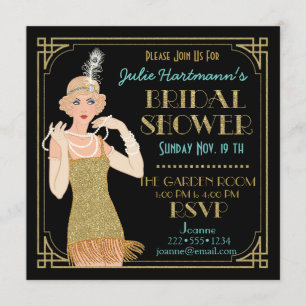 Invitación Flapper Dorado Brillo Negro Retro Años 20