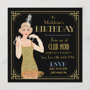Invitación Flapper Dorado Brillo Negro Retro de los Años 20