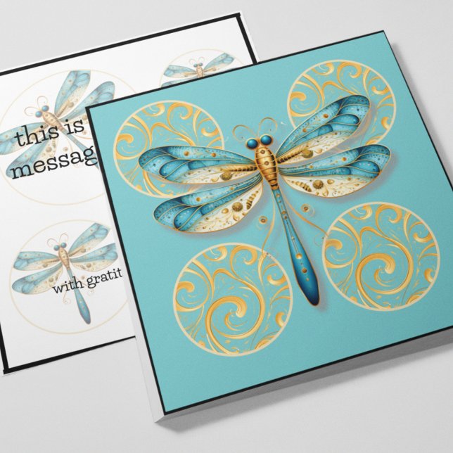 Invitación Flauta azul y dorada con borde (Aqua and gold dragonfly customizable greeting card with gold accents and circles. )