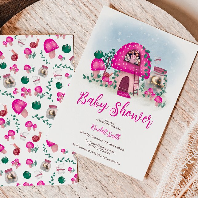 Invitación Flauta de hadas de hadas de madera rosa (Pink whimsical woodland fairy mushroom baby shower invitation)