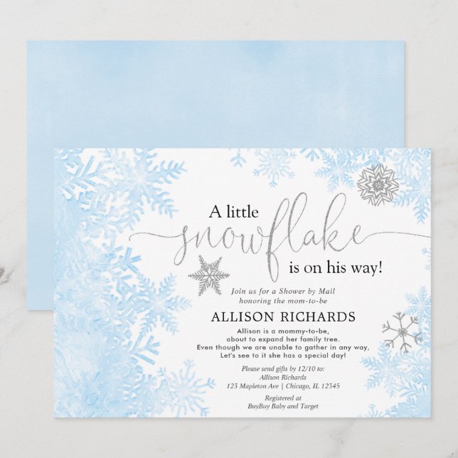 Invitación Flauta de nieve azul plata Shower by Mail baby sho (Anverso / Reverso)