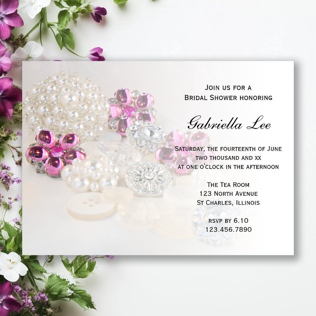 Invitación Flauta Perla Blanca Botón De Diamante Rosa Ducha D (Subido por el creador)