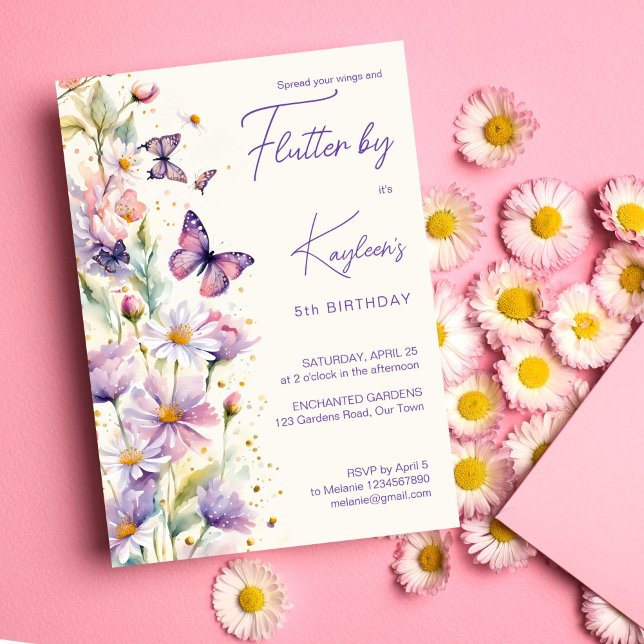 Invitación Flauta por mariposas lavanda de cumpleaños púrpura (Flutter by butterflies birthday party lavender purple invitation editable template digital download)