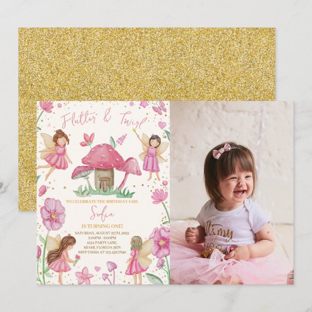 Invitación Flauta rosa y leche cruda foto de cumpleaños (Anverso / Reverso)
