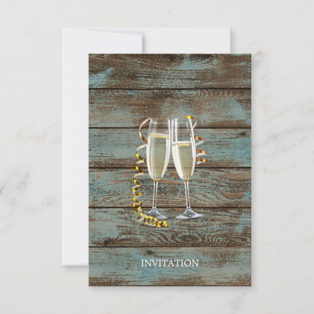 Invitación flautas de champán boda de granero azul rústico (Anverso)