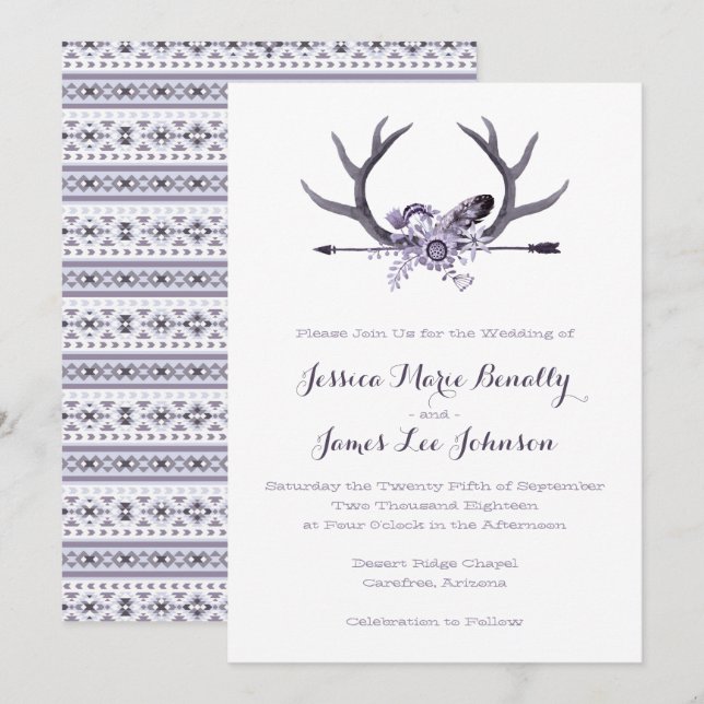 Invitación Flecha tribal y angulas morado (Anverso / Reverso)