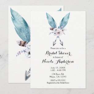 Invitación Flechas Bohemianas Azules Boho Floral Plumas Fiest