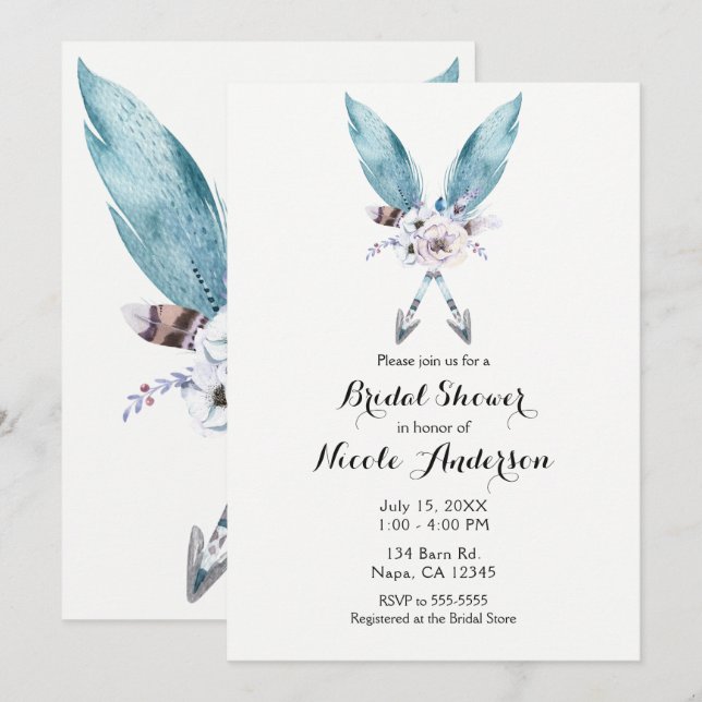 Invitación Flechas Bohemio Azul Floral Fiesta Boho (Anverso / Reverso)