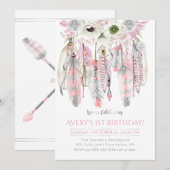 Invitación Flechas florales de las plumas del colector ideal (Anverso / Reverso)