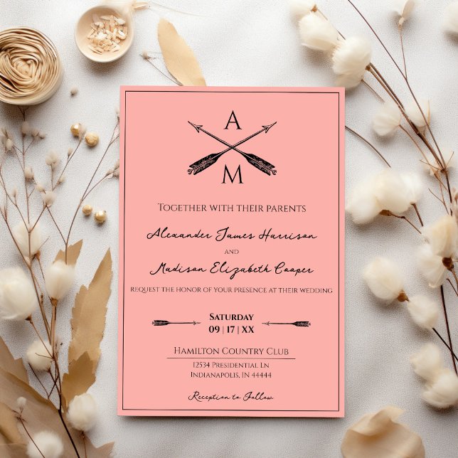 Invitación Flechas y monogramas Boda | Coral (Coral Arrows and Monograms Wedding Invitation)