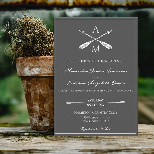 Invitación Flechas y monogramas Boda | Gris carbón (Subido por el creador)