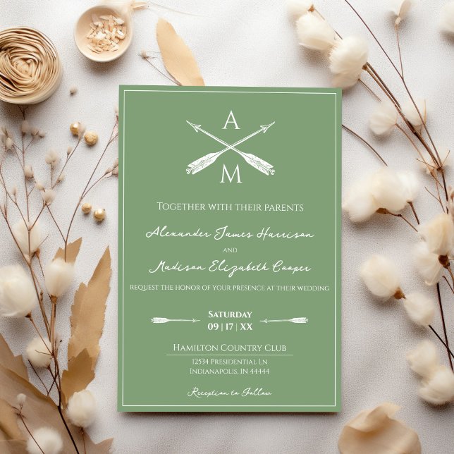Invitación Flechas y monogramas Boda | Moss Green (Moss Green Arrows and Monograms Wedding Invitation)