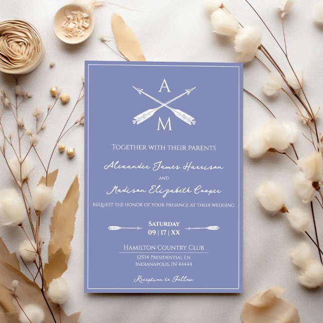 Invitación Flechas y monogramas Boda | Periwinkle (Periwinkle Arrows and Monograms Wedding Invitation)