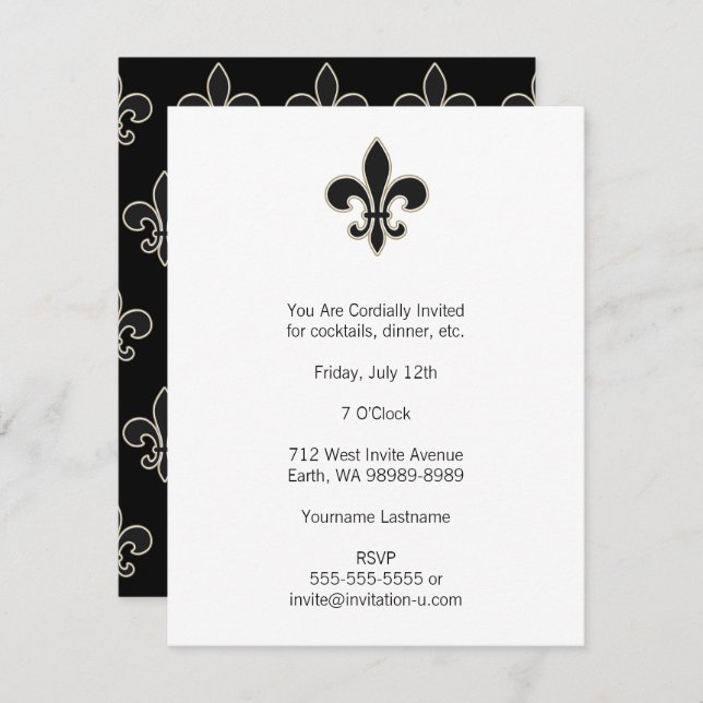 Invitación Fleur de Lis Black con blanco y oro (Anverso / Reverso)