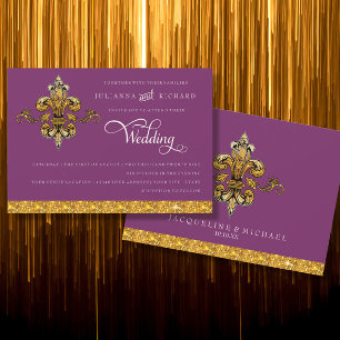 Invitación Fleur de Lis Gold Purple Elegant Boda formal