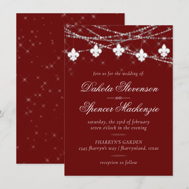 Invitación Fleur de Lis Luz Roja Oscura | Boda de Crimson (Anverso / Reverso)