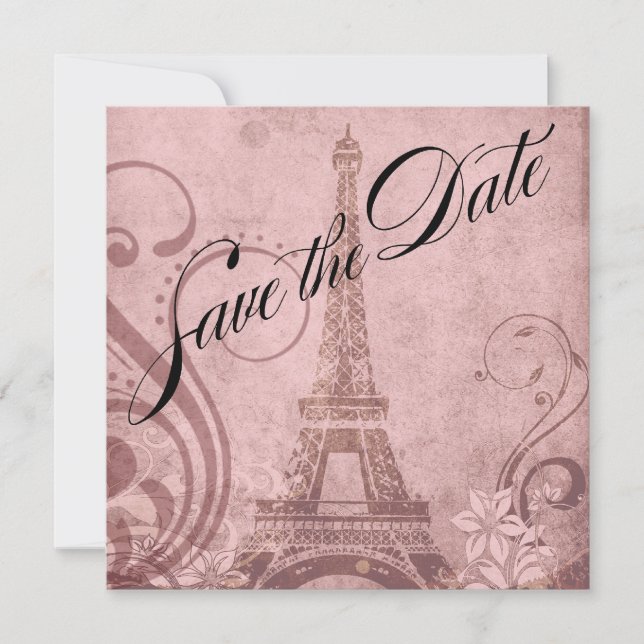 Invitación Fleur de París Torre Eiffel Save the Date | rosa (Anverso)