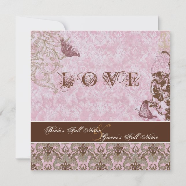 Invitación Fleur di Lys Damask Boda de mariposa marrón rosa (Anverso)