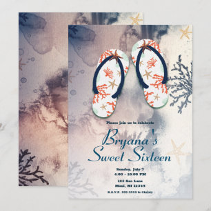 Invitación Flip Flip Flops Tropical Beach Coral Sweet 16 Fies