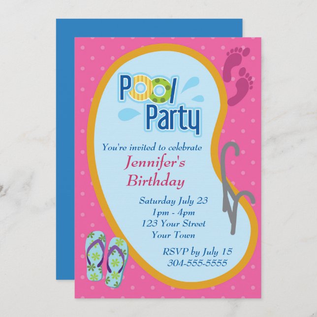 Invitación Flip Flop Pool Fiesta Cumpleaños (Anverso / Reverso)