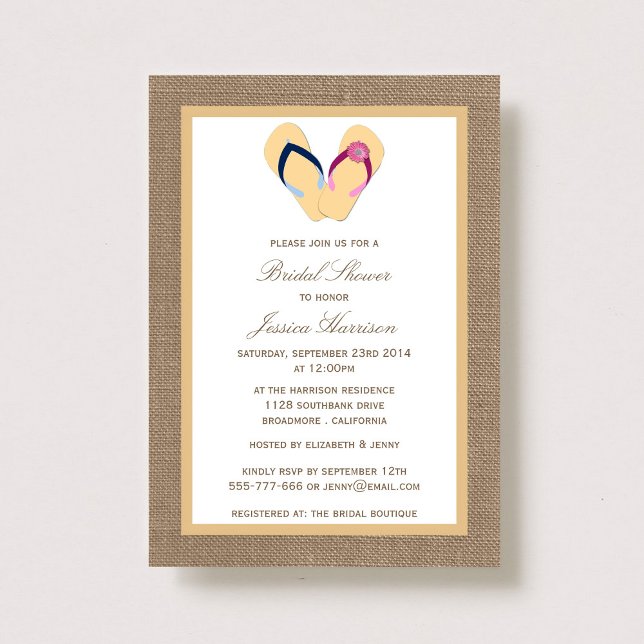 Invitación Flip-Flop Sand Beach Burlap Bridal Shower Invita (Subido por el creador)