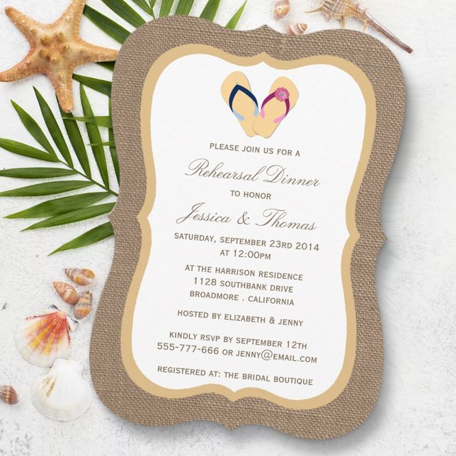 Invitación Flip-Flop Sand Beach Burlap Encender (Subido por el creador)