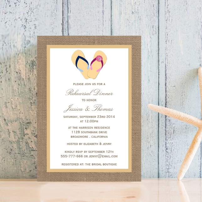 Invitación Flip-Flop Sand Beach Burlap Encender (Subido por el creador)