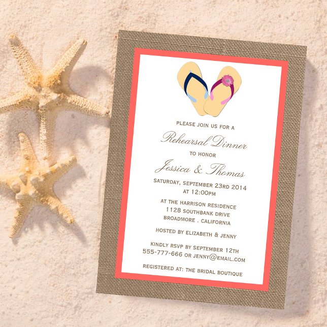 Invitación Flip-Flop Sand Beach Burlap Encender (Subido por el creador)