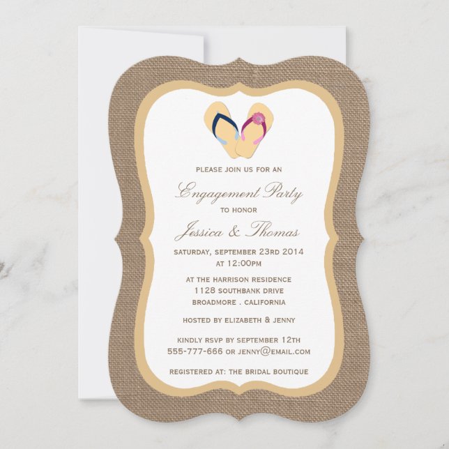 Invitación Flip-Flop Sandy Beach En Burlap Engagement Party (Anverso)