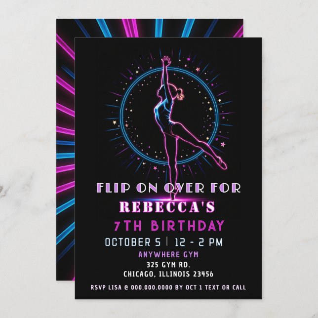 Invitación Flip On Fun Neon Glow Birday (Anverso / Reverso)