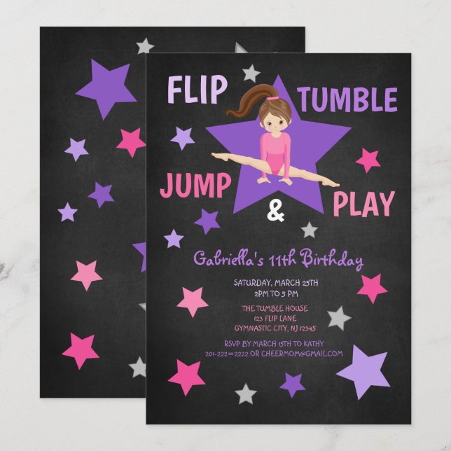 Invitación Flip, Tumble, Jump & Play Gymnastics Cumpleaños (Anverso / Reverso)