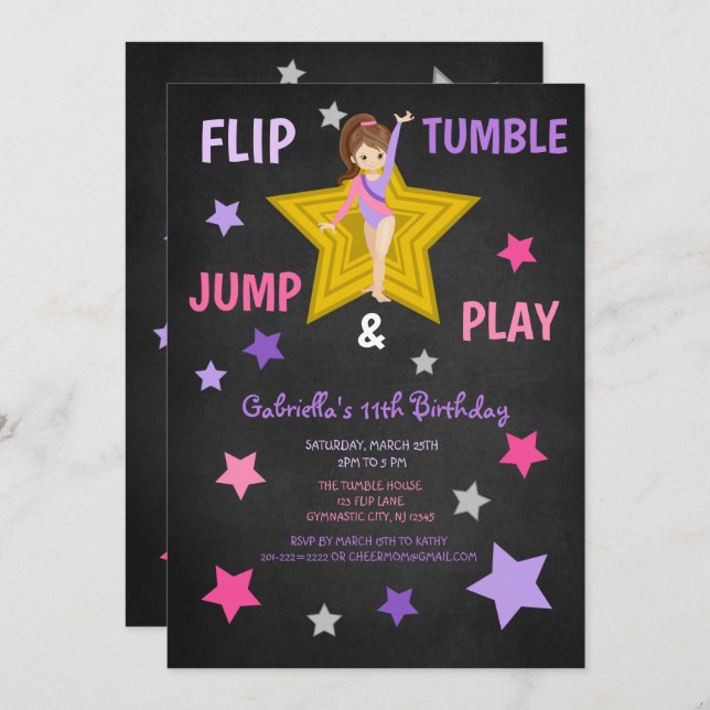 Invitación Flip, Tumble, Jump & Play Gymnastics Cumpleaños (Anverso / Reverso)