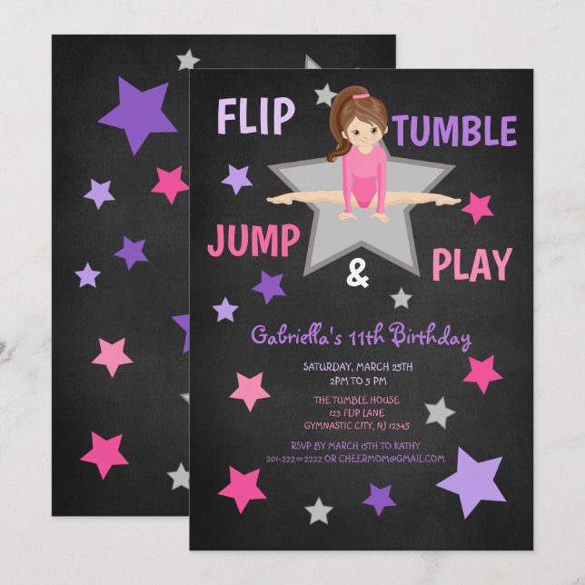 Invitación Flip, Tumble, Jump & Play Gymnastics Cumpleaños (Anverso / Reverso)