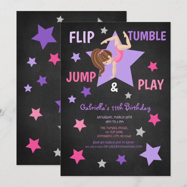 Invitación Flip, Tumble, Jump & Play Gymnastics Cumpleaños (Anverso / Reverso)