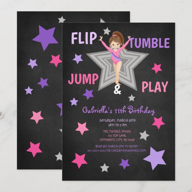 Invitación Flip, Tumble, Jump & Play Gymnastics Cumpleaños (Anverso / Reverso)