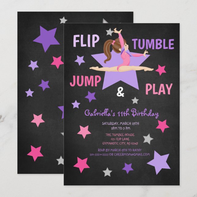 Invitación Flip, Tumble, Jump & Play Gymnastics Cumpleaños (Anverso / Reverso)