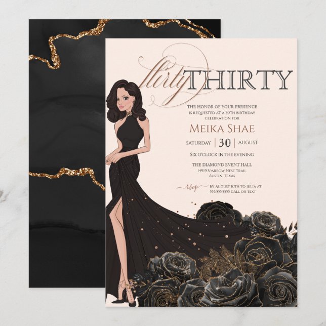 Invitación Flirty Thirty Glam Black & Rosa Gold 30 cumpleaños (Anverso / Reverso)