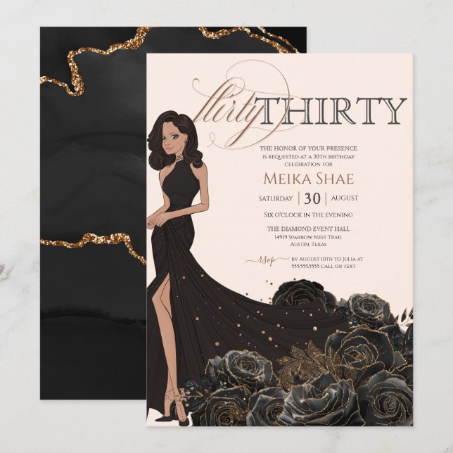 Invitación Flirty Thirty Glam Black & Rosa Gold 30 cumpleaños (Anverso / Reverso)