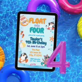 Invitación Float into Four, Pool Animals 4th Birthday