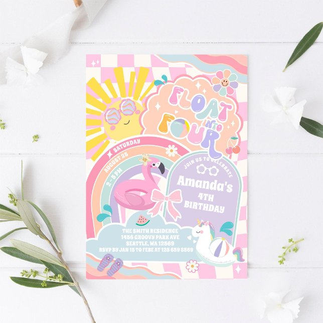 Invitación Float Into Four Pool Party Rainbow 4th Birthday (Subido por el creador)