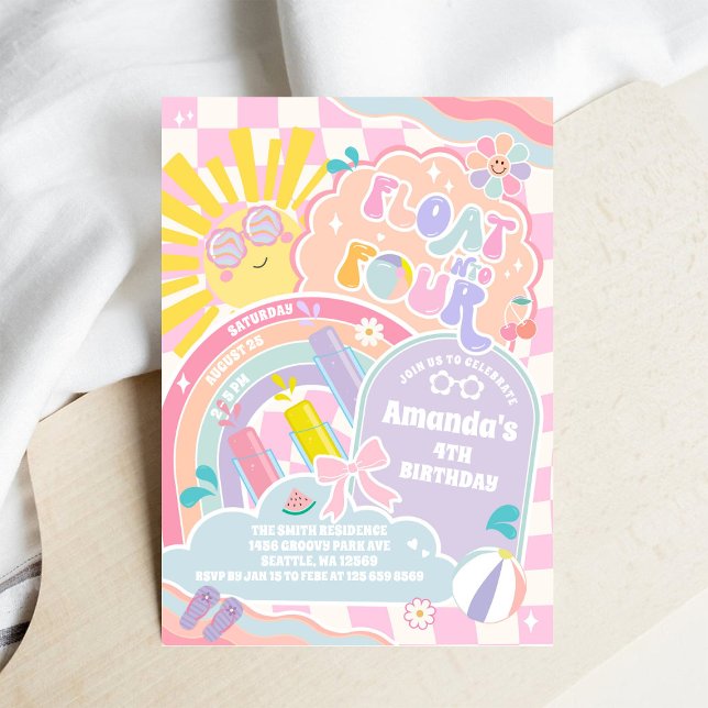 Invitación Float Into Four Sun Rainbow Disco 4th Birthday (Subido por el creador)