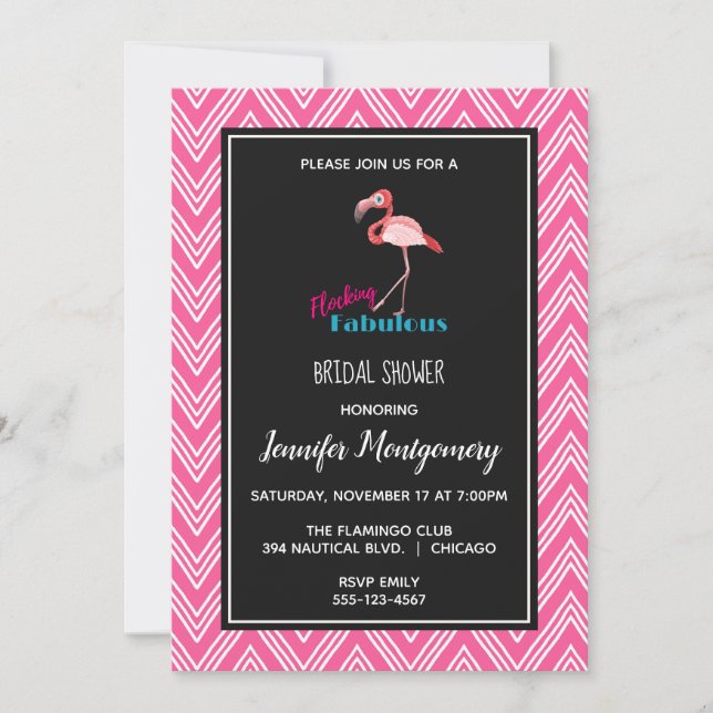 Invitación Flocking Fabulous con ducha de novia Flamingo rosa (Anverso)
