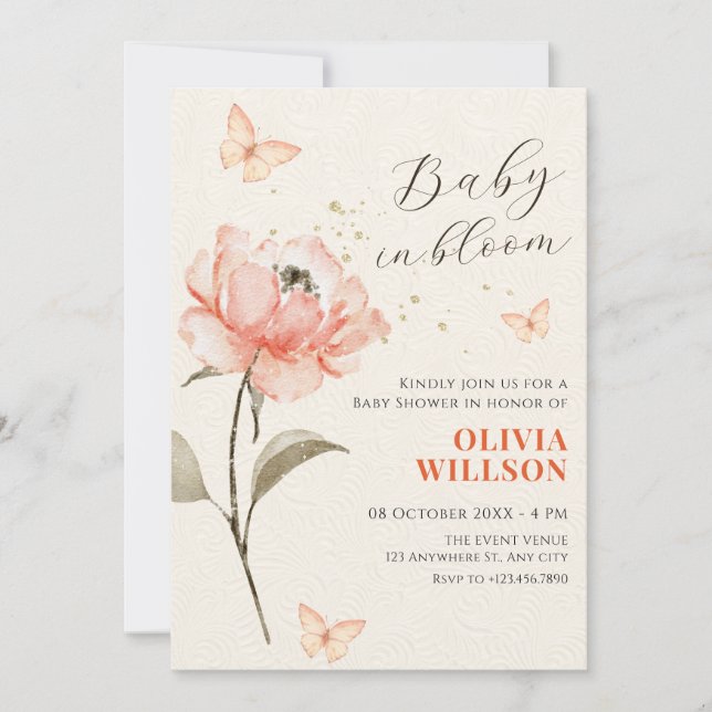Invitación Flor acuarela flor estética ducha bebé (Anverso)