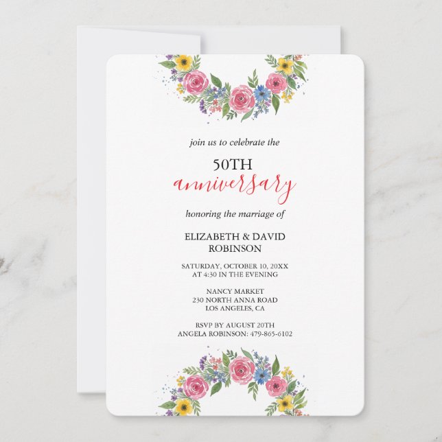 Invitación flor acuarela única boda de 50 años (Anverso)