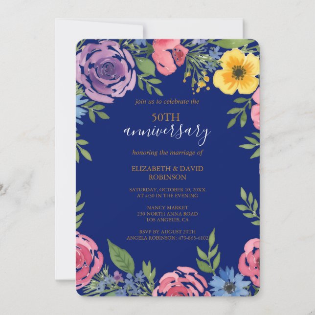 Invitación flor acuática elegante boda de 50 años (Anverso)