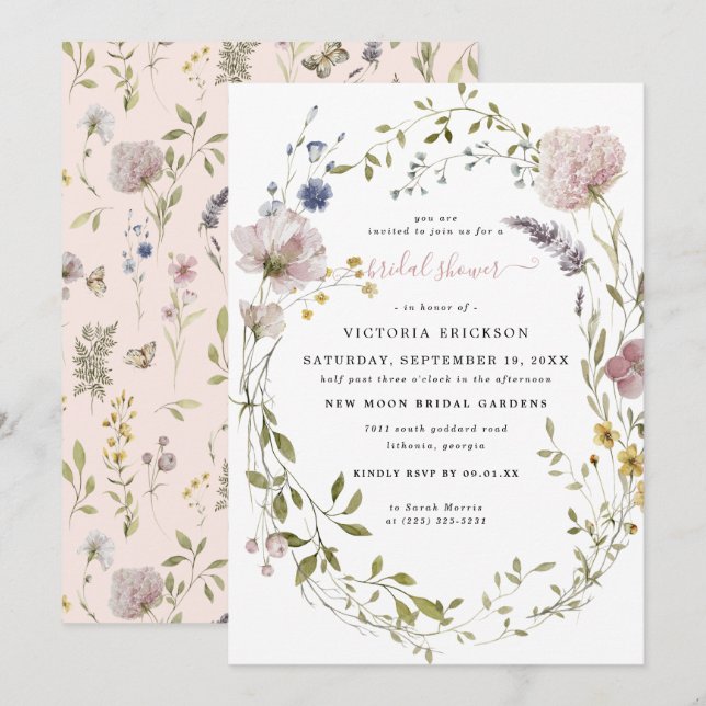 Invitación Flor acuática | Floral Bridal Shower (Anverso / Reverso)