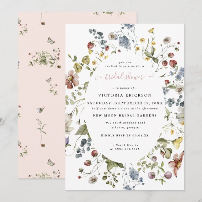 Invitación Flor acuática | Floral Bridal Shower (Anverso / Reverso)