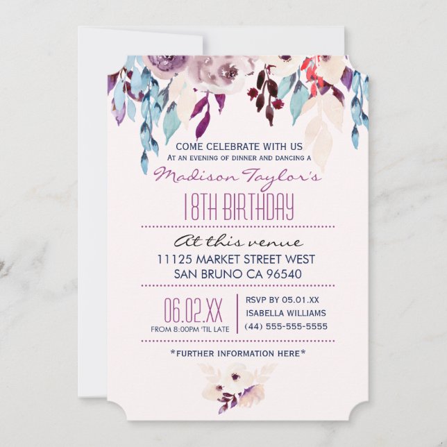 Invitación Flor acuática morada y turquesa de cumpleaños 18 (Anverso)